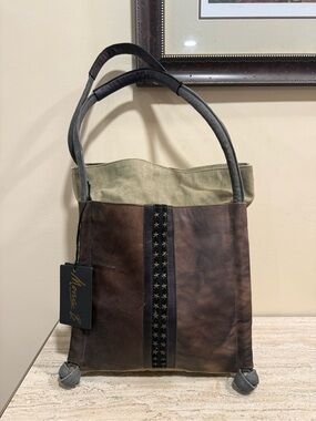 Mona B Brown and Tan Leather & Canvas Tote with Star Stud Trim
